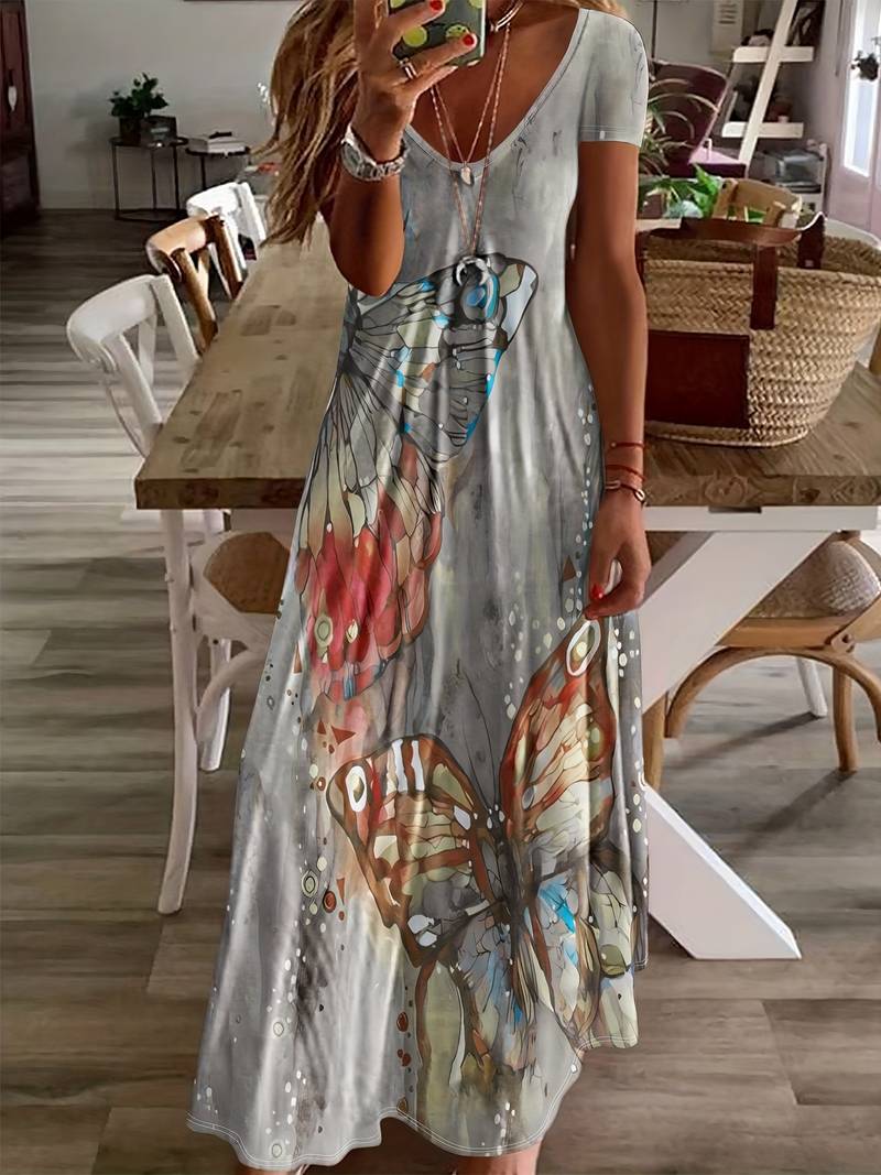 Variant image for Robe Femme Longue Col en V Imprimé Papillon 100% Polyester-49
