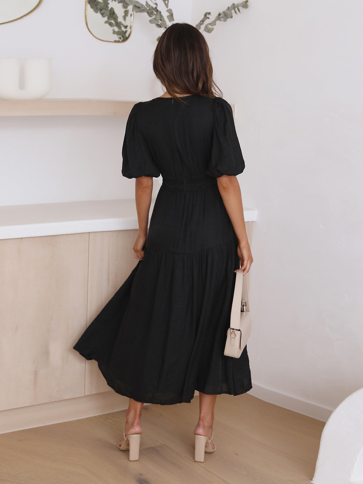 Robe Longue Femme Col en V Manches Bouffantes Élégante Polyester-4