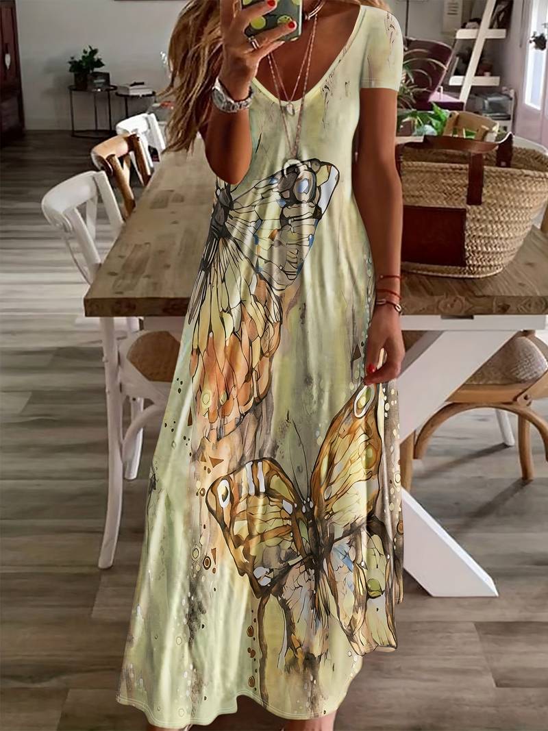 Variant image for Robe Femme Longue Col en V Imprimé Papillon 100% Polyester-9