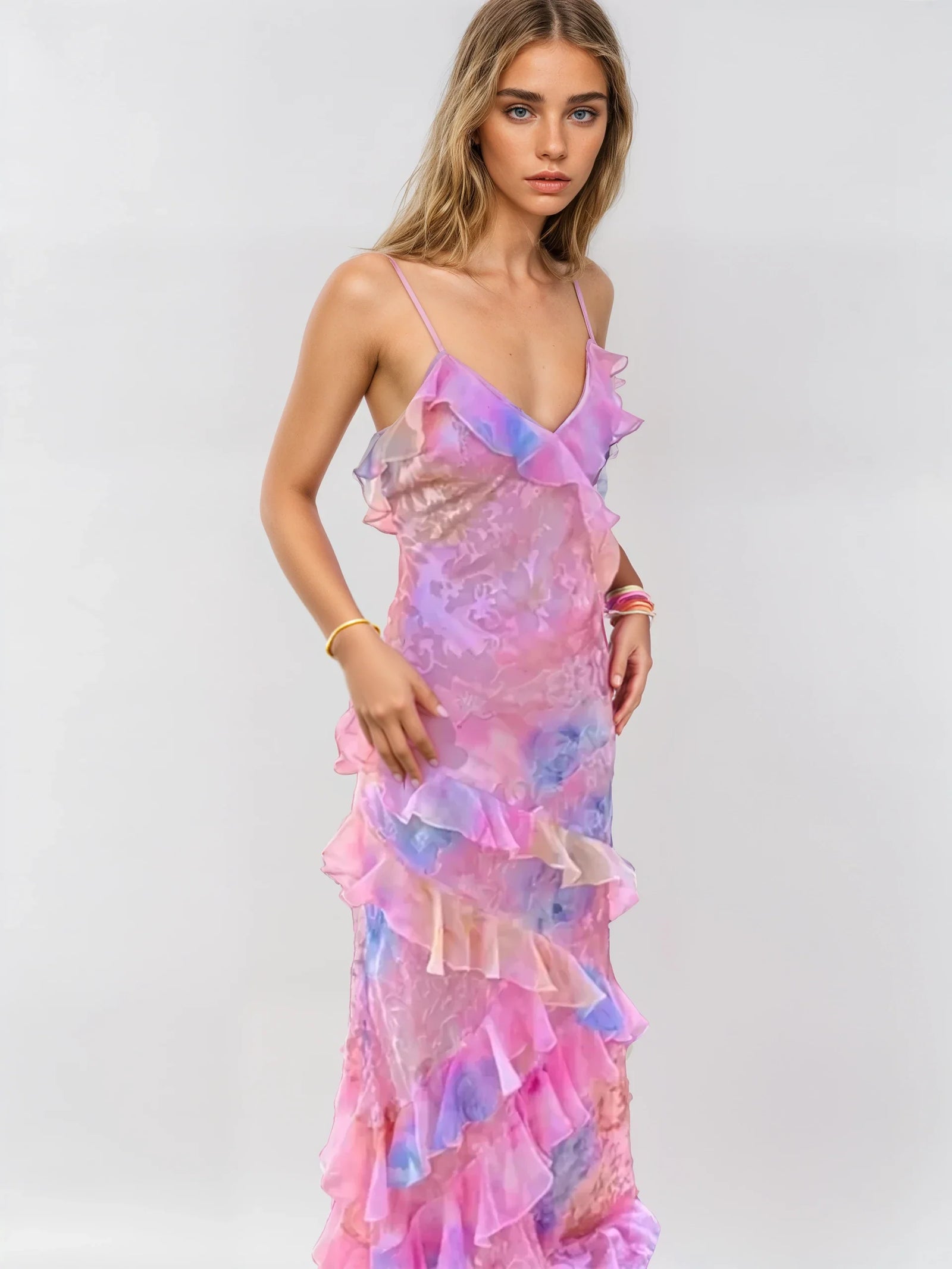 Robe Longue Femme Pastel Romantique en Mesh Léger pour Été-1