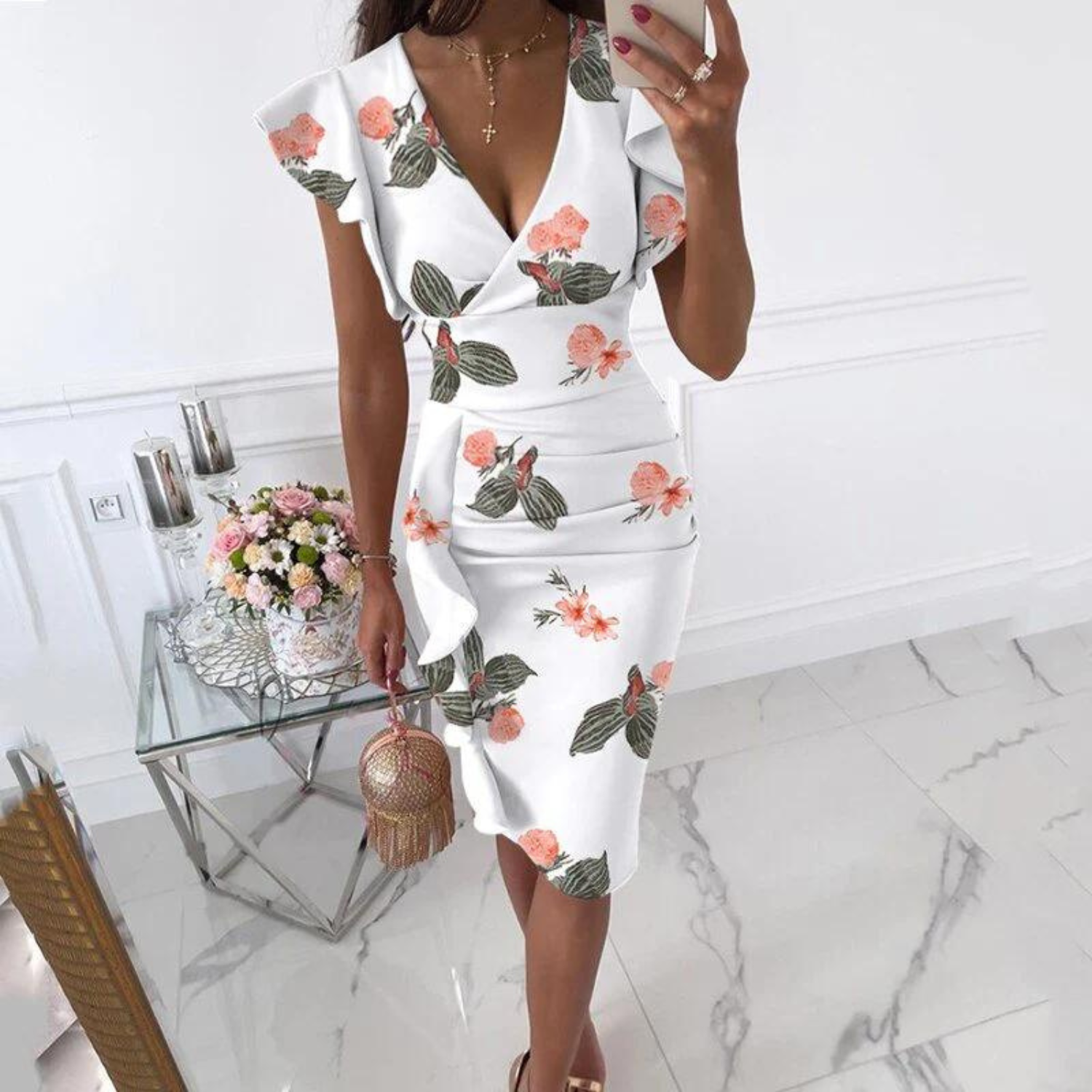 Robe Femme Élégante Col en V Manches Recommandées Tissu de Haute Qualité 6