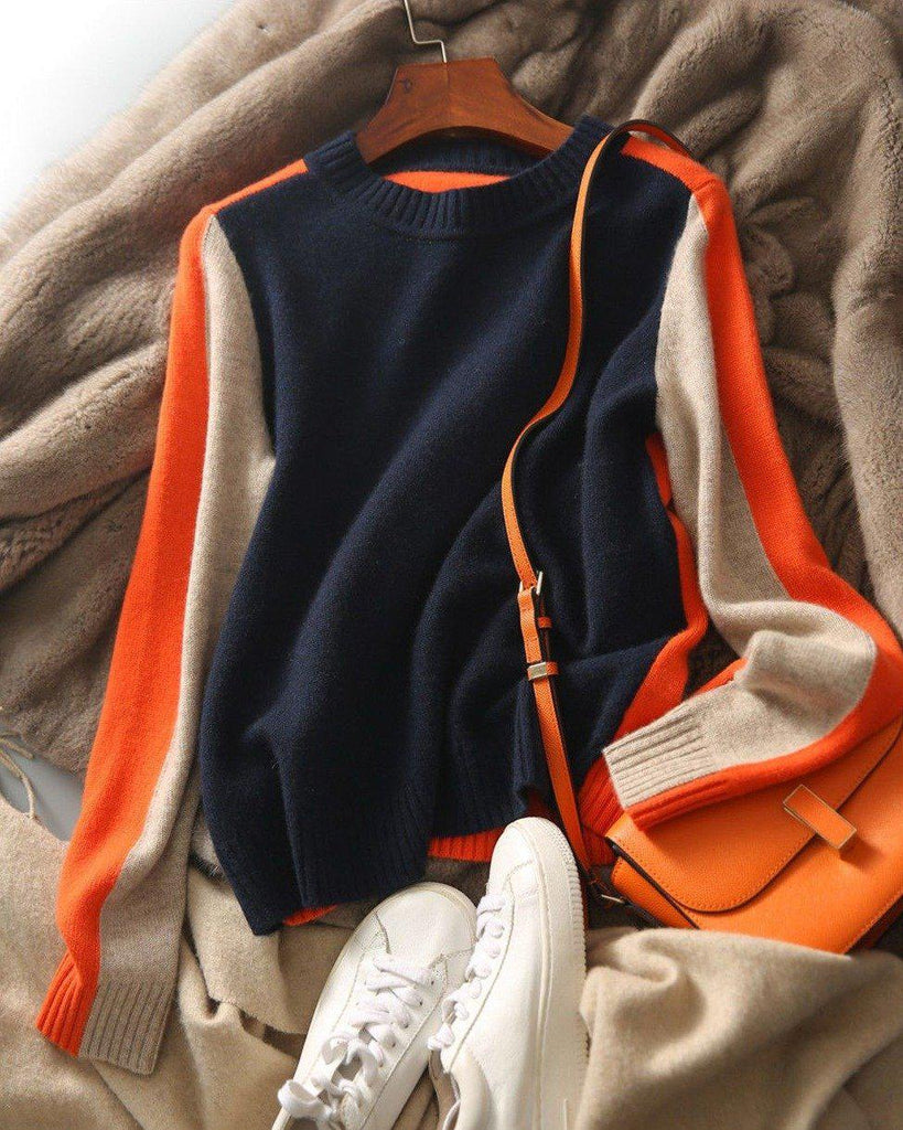 Pull Femme Rétro en Maille Acrylique avec Rayures Bleu Marine et Orange 5