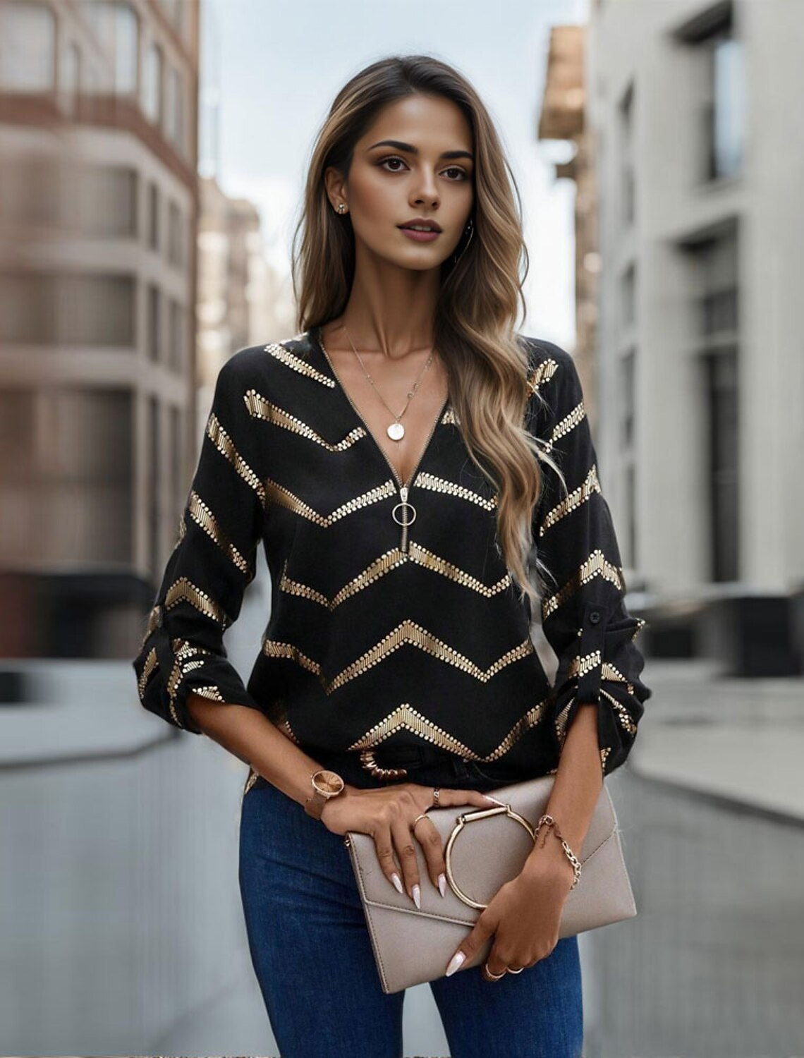 Chemisier Femme Chic à Rayures Col en V Tissu Léger-2