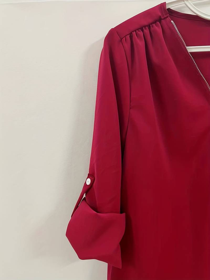 Chemisier Femme Chic Détails Éblouissants Manches Enroulables Mélange de Tissus-5