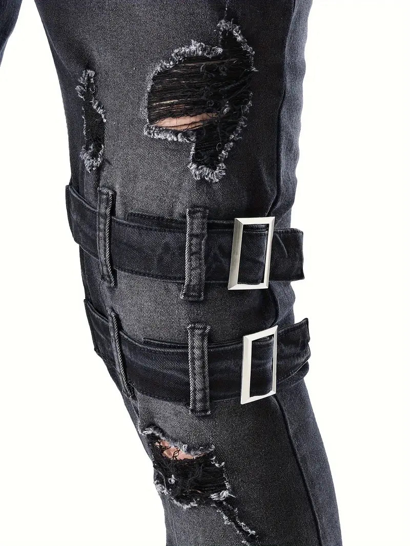 Jean Décontracté Homme Style Motard en Denim-6