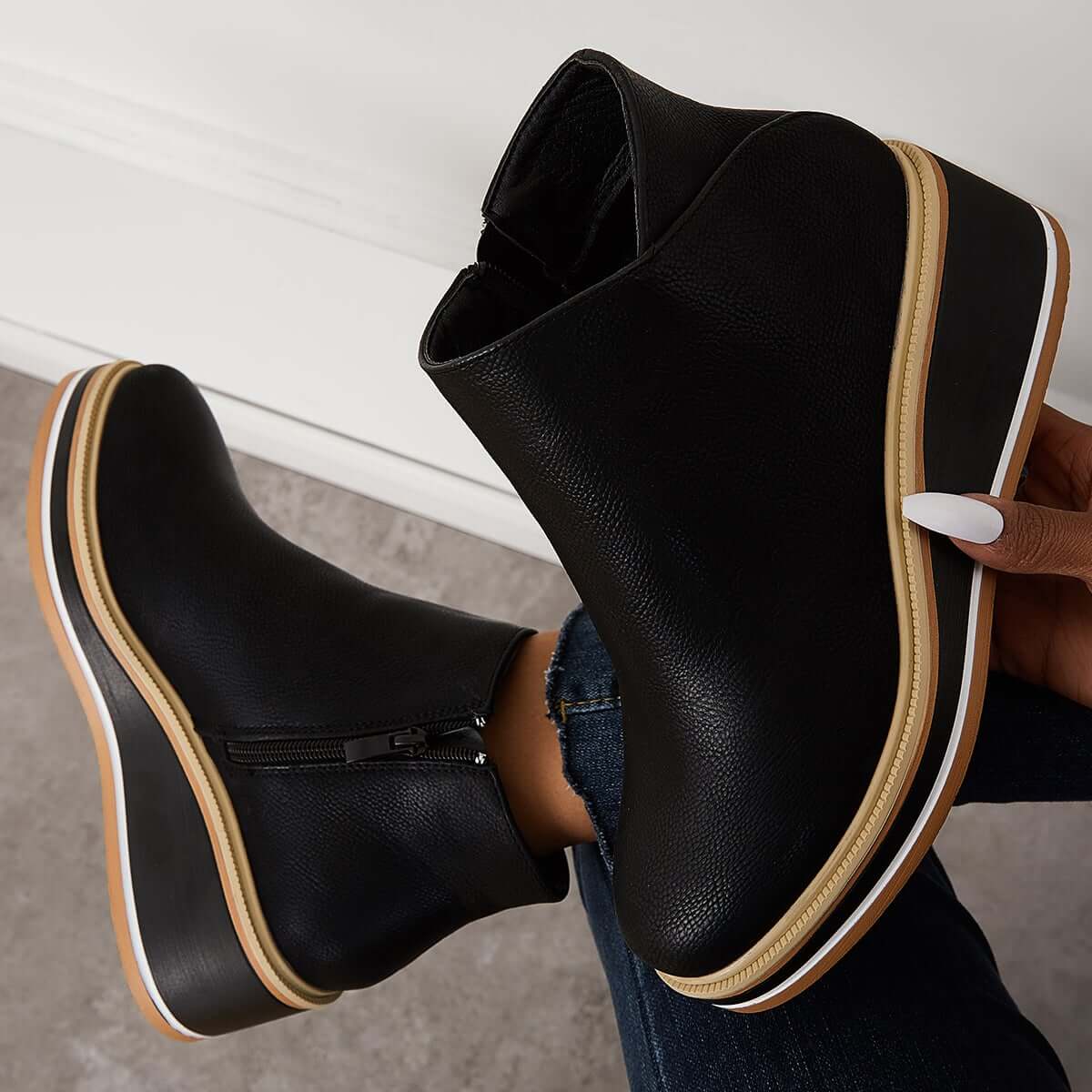 Bottes de Cheville Femme Élégantes Cuir Synthétique avec Fermeture Éclair et Plateau 3