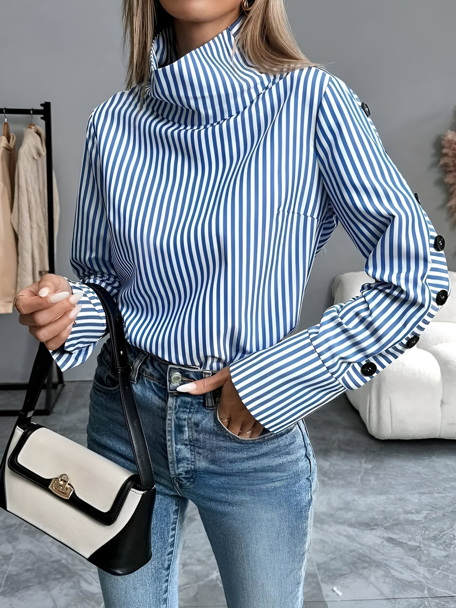 Chemise Femme Chic à Rayures Col Haut 100% Coton-2