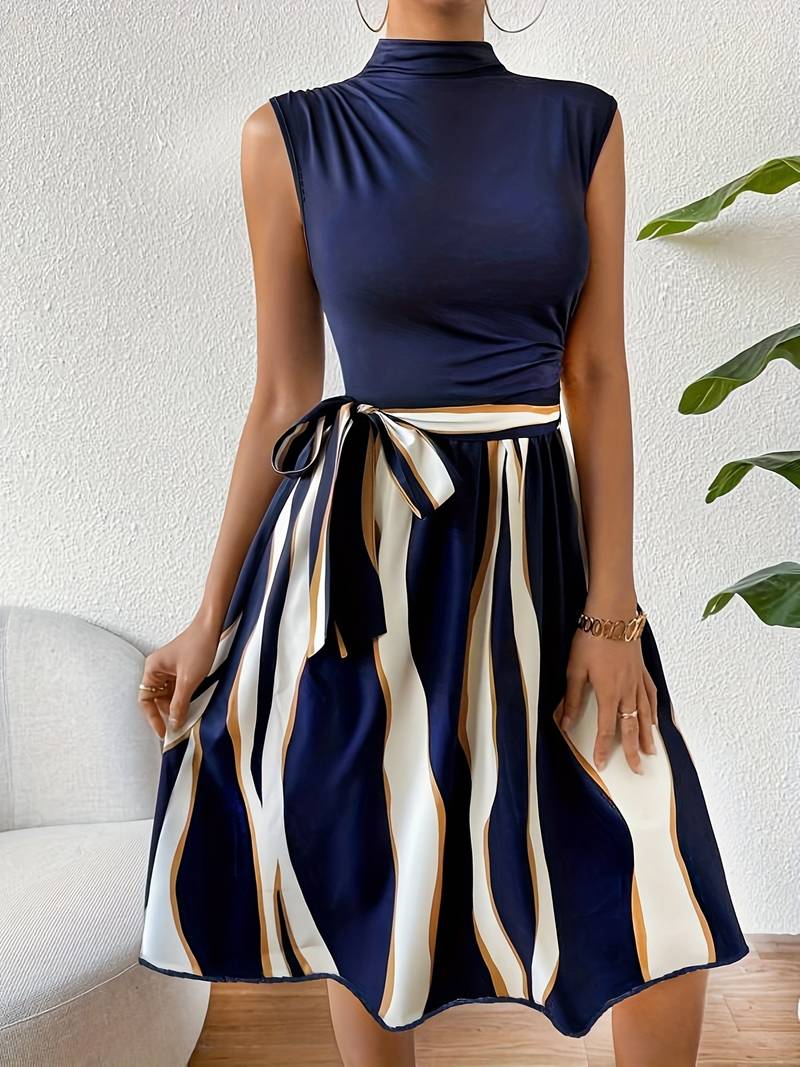 Robe Femme Patchwork Élégante avec Ceinture en Polyester-2