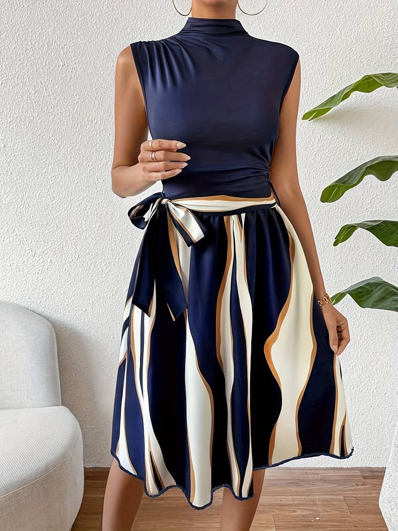 Robe Femme Patchwork Élégante avec Ceinture en Polyester-3