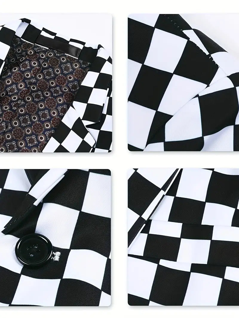 Veste Costume Homme Motif Échecs Élégante Polyester Ajustée-4