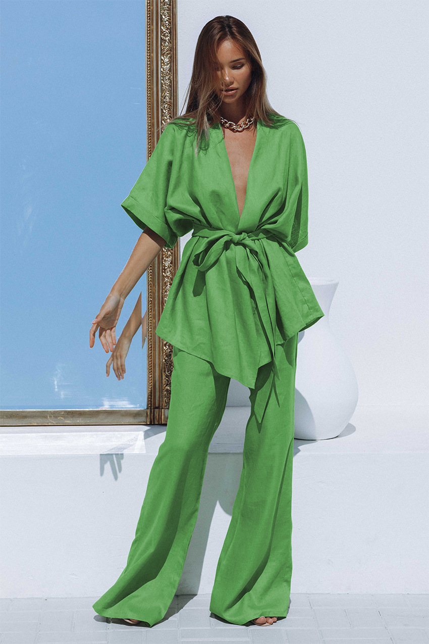 Variant image for Ensemble d'été Femme Lin Élégant Style Moderne Respirant-1