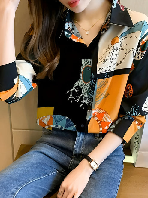 Variant image for Chemisier Femme Chic Imprimé Vintage Coton-1