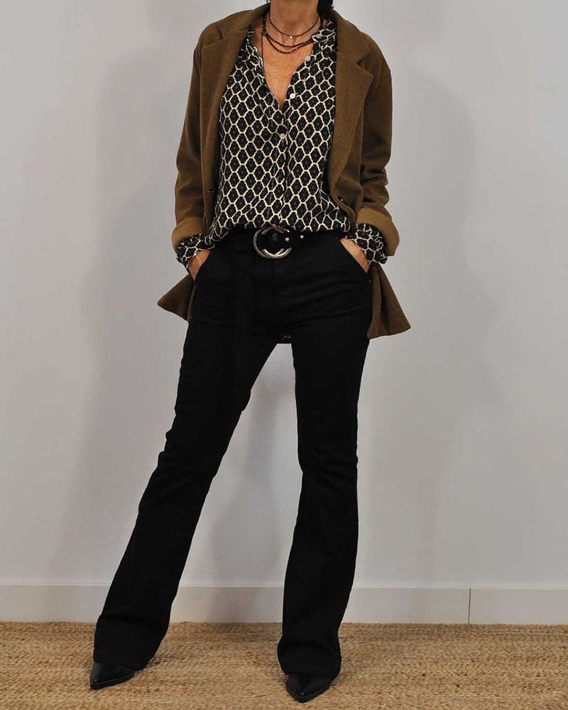 Chemisier Femme Chic Col en V Mélange de Coton à Manches Longues-2