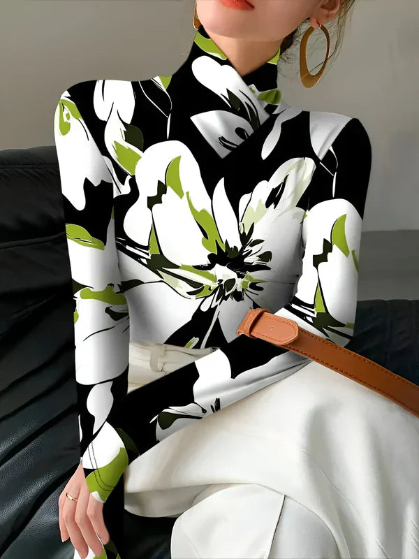 Tee Shirt Femme Col Roulé Imprimé Floral Manches Longues 100% Coton-5