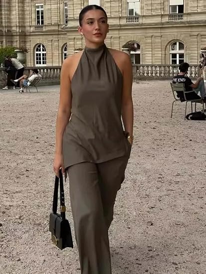 Ensemble Top dos nu et pantalon droit pour femmes