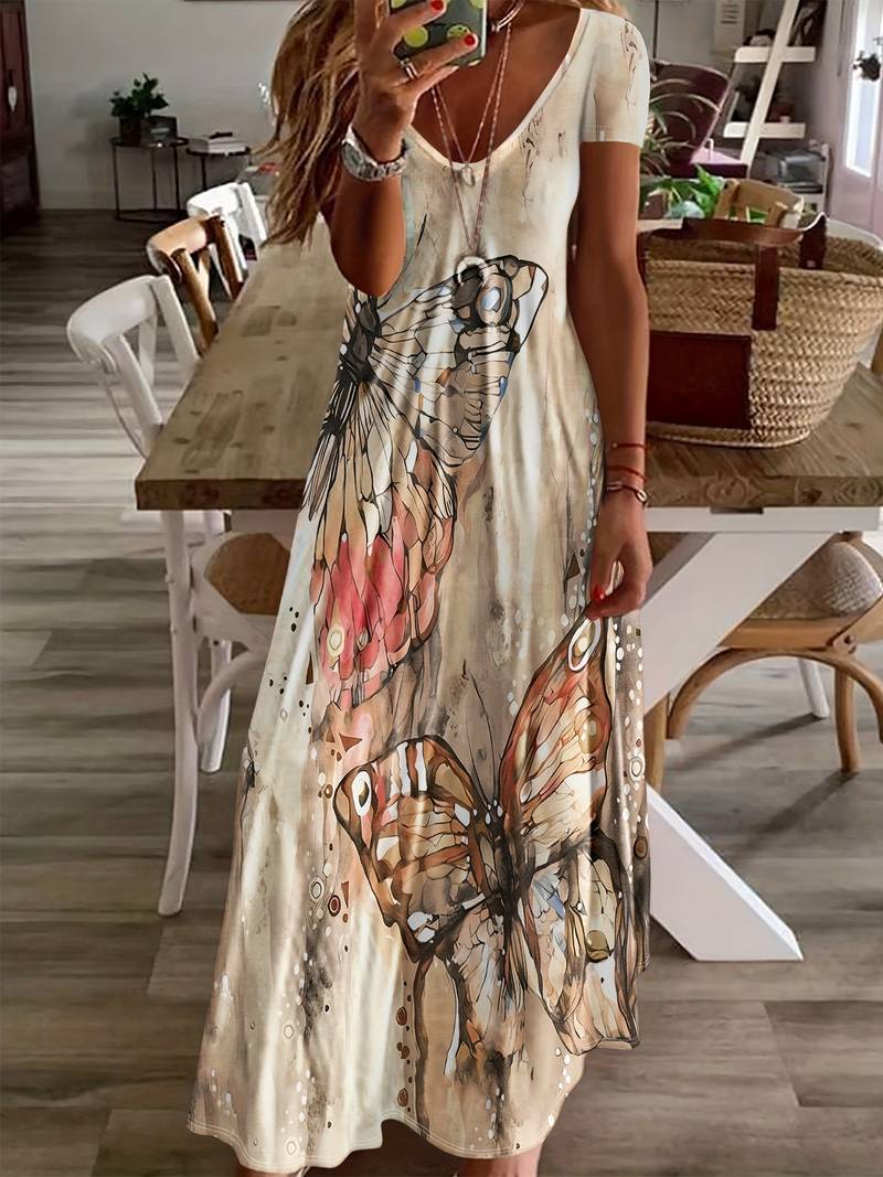 Variant image for Robe Femme Longue Col en V Imprimé Papillon 100% Polyester-17
