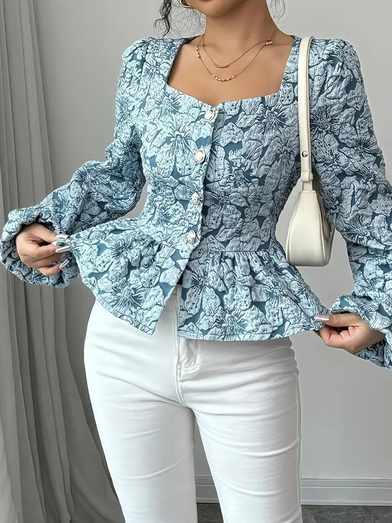 Chemisier Femme Chic à Motif Floral avec Manches Gonflées en Tissu Léger-1