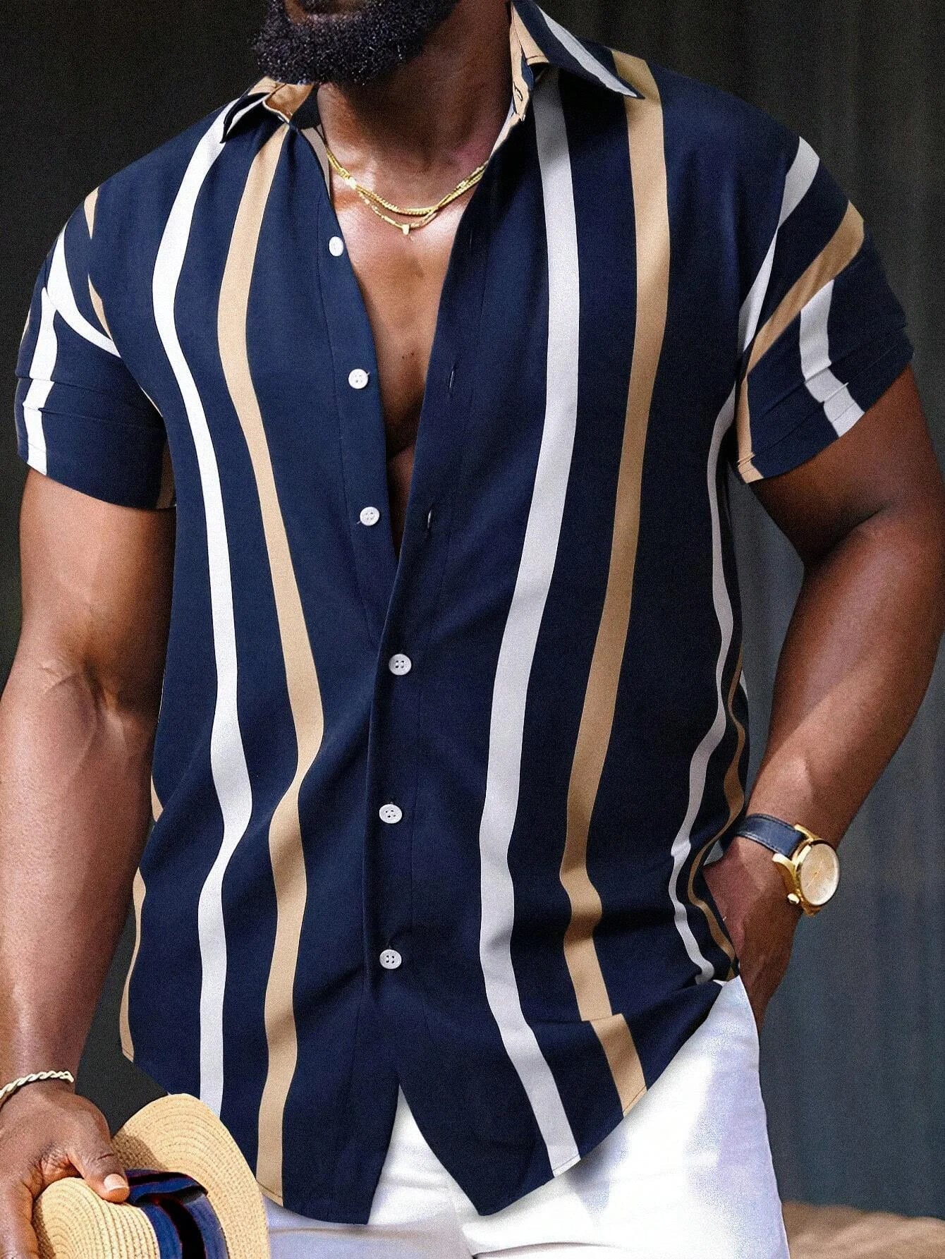 Variant image for Chemise Homme Élégante à Rayures Dorées Tissu de Haute Qualité-32