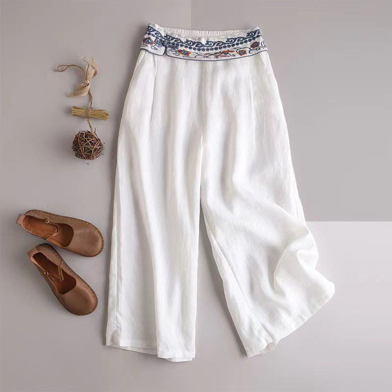 Variant image for Pantalon Femme Fluide en Lin avec Broderie Élégante-17