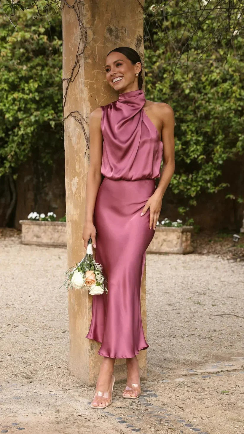 Robe Femme Longue Satinée à Une Épaule Élégante pour Soirée-6