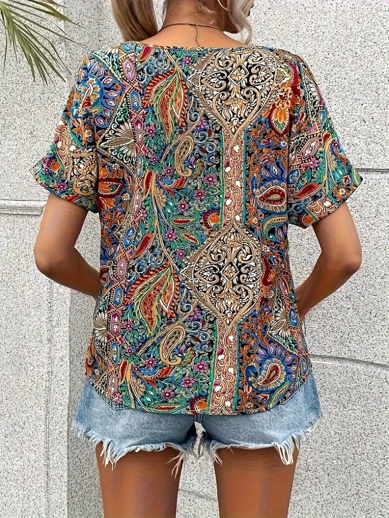 Chemisier Femme Chic Imprimé Paisley Col en V Léger Polyester-4