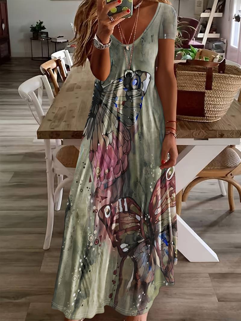 Variant image for Robe Femme Longue Col en V Imprimé Papillon 100% Polyester-1
