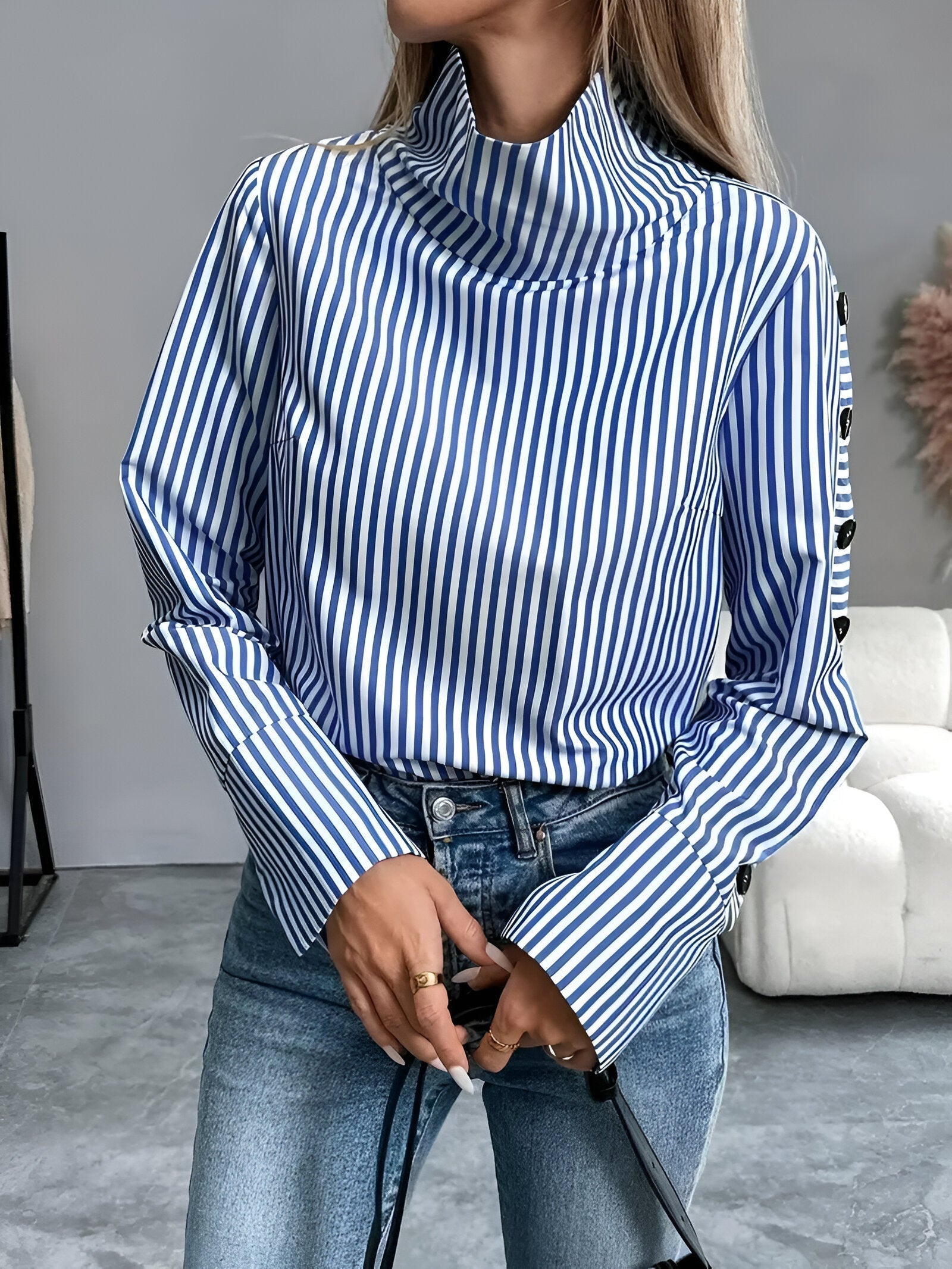 Chemise Femme Chic à Rayures Col Haut 100% Coton-4