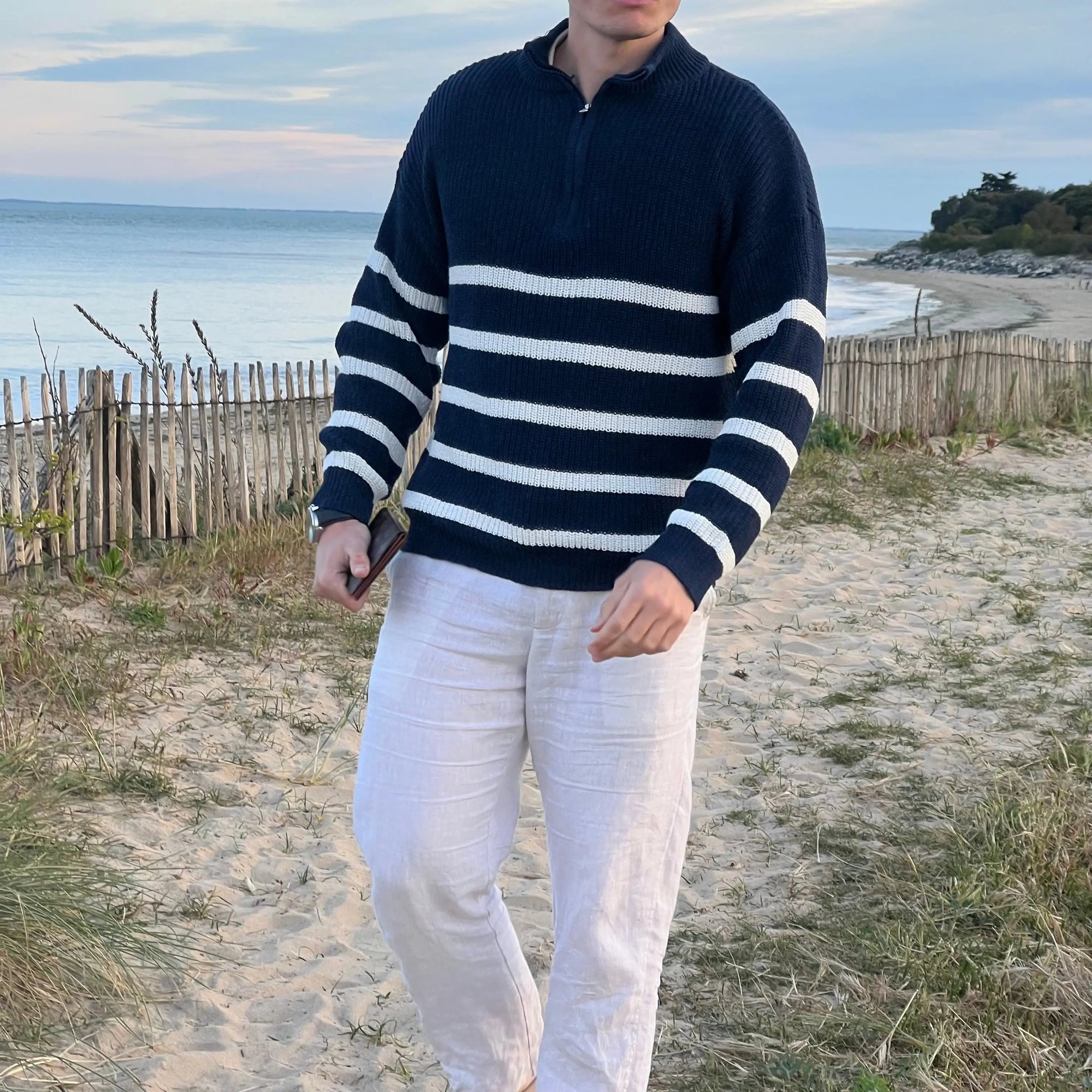 Pull pour Homme Rayé avec Demi-Fermeture Éclair en Mélange de Coton 3
