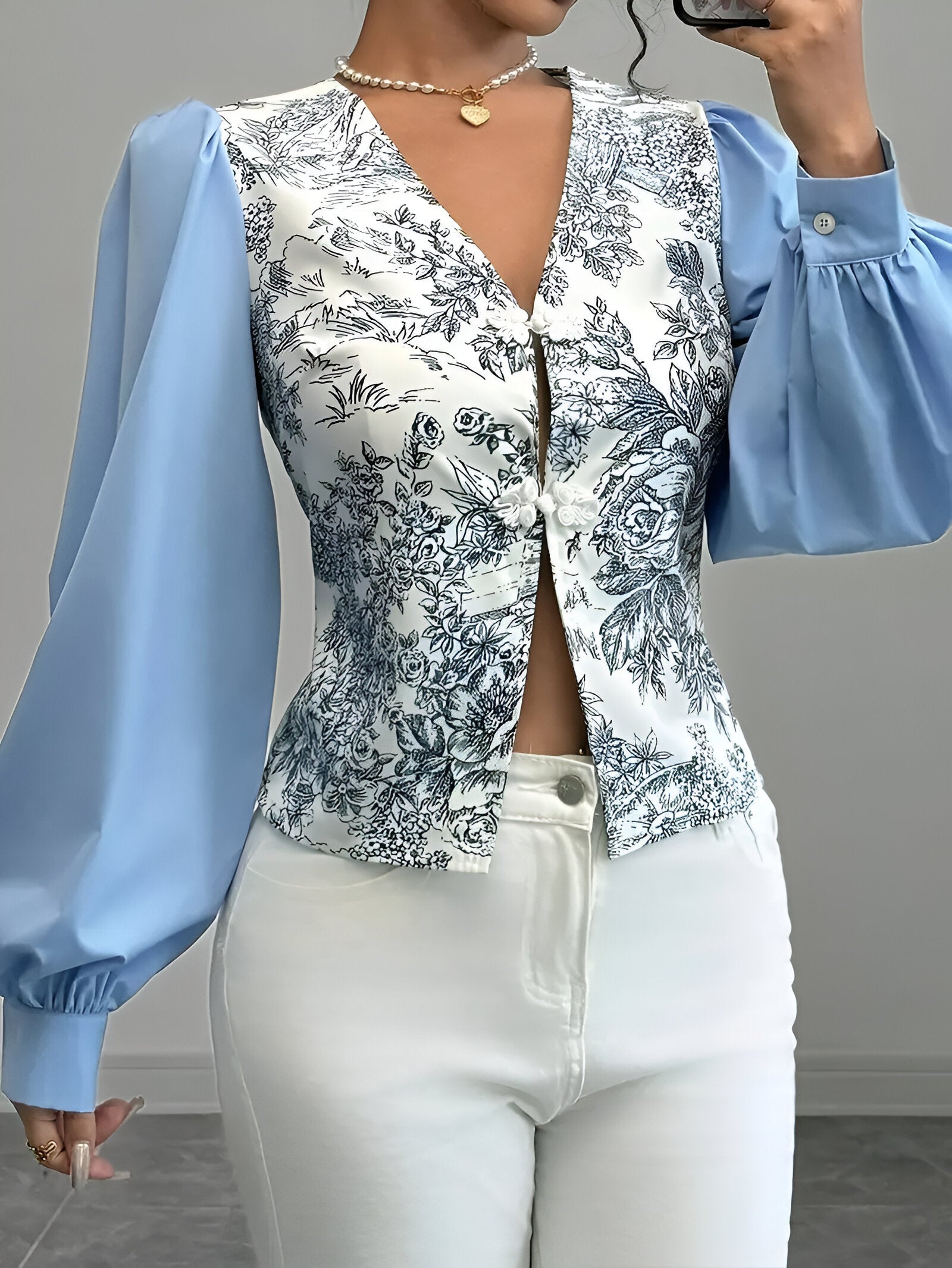 Blouse Femme Col en V Manches de Lanterne Imprimé Floral 100% Polyester-2