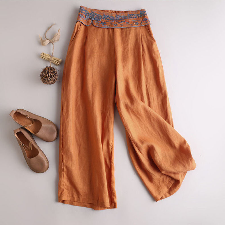 Variant image for Pantalon Femme Fluide en Lin avec Broderie Élégante-9
