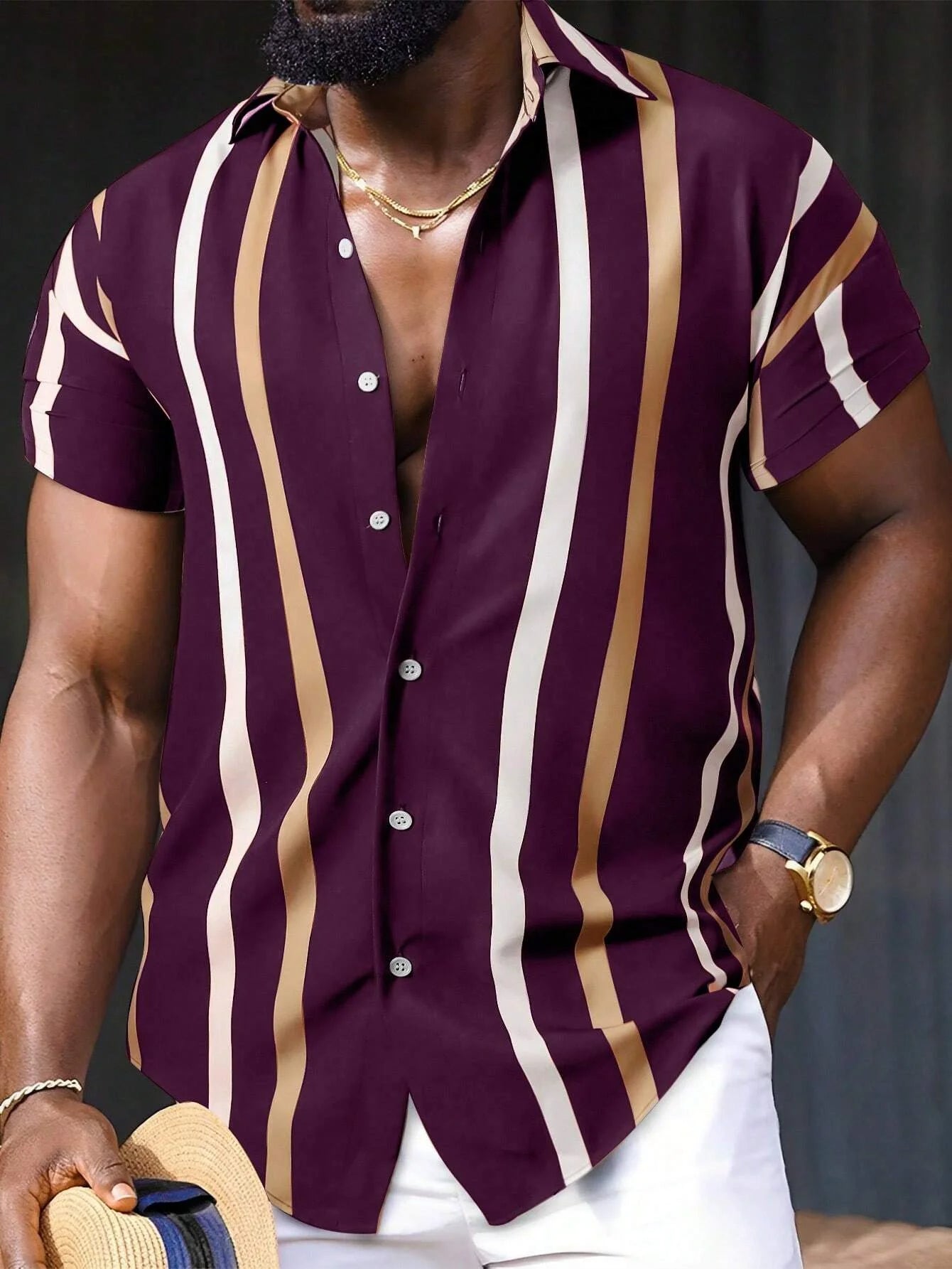 Variant image for Chemise Homme Élégante à Rayures Dorées Tissu de Haute Qualité-38