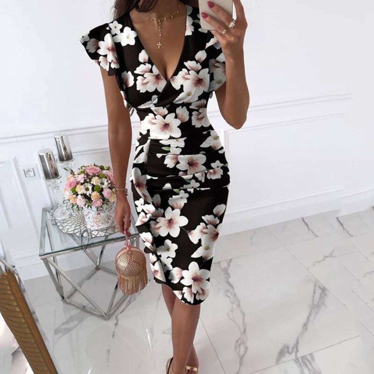 Robe Femme Élégante Col en V Manches Recommandées Tissu de Haute Qualité 1