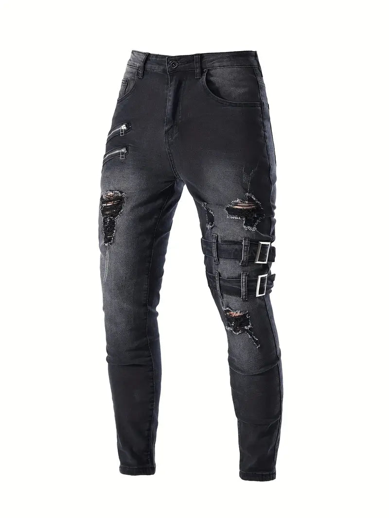 Jean Décontracté Homme Style Motard en Denim-4