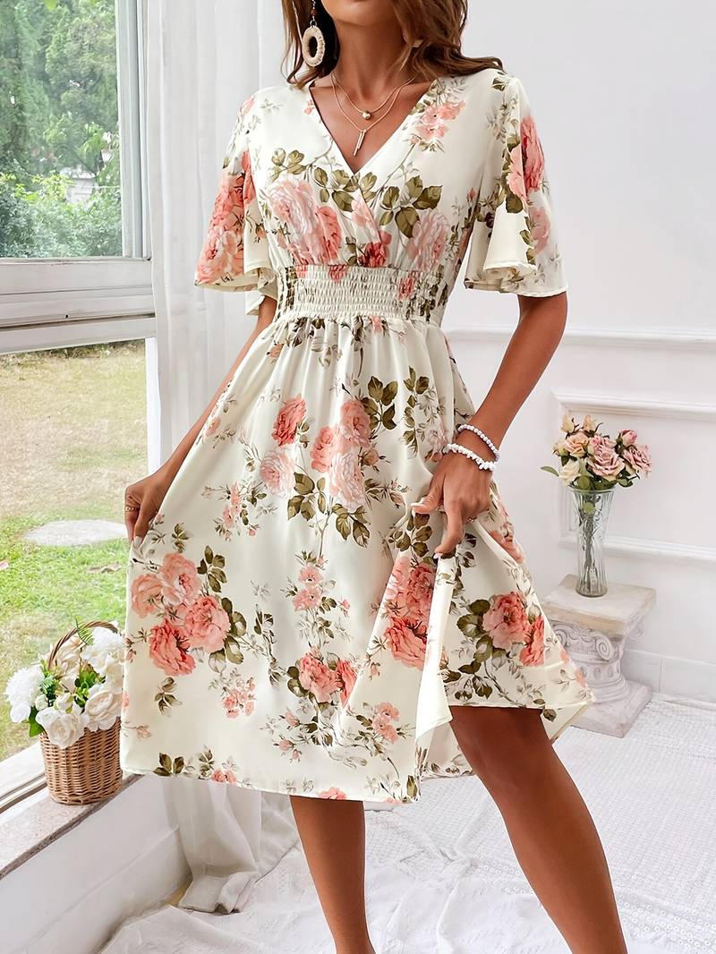 Robe Femme A Ligne Élégante Imprimé Floral Manches Volantes Polyester-4