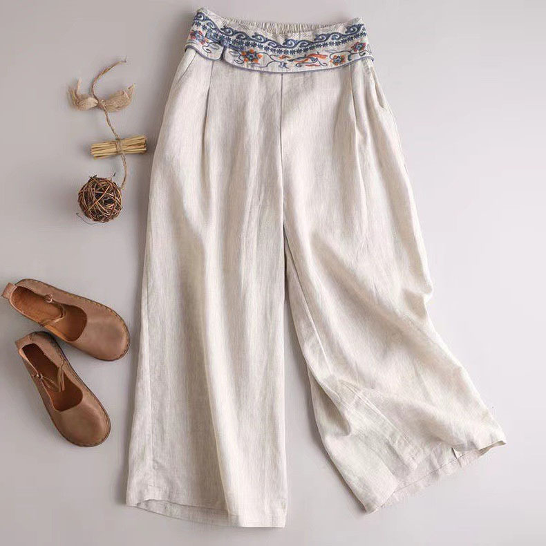 Variant image for Pantalon Femme Fluide en Lin avec Broderie Élégante-1