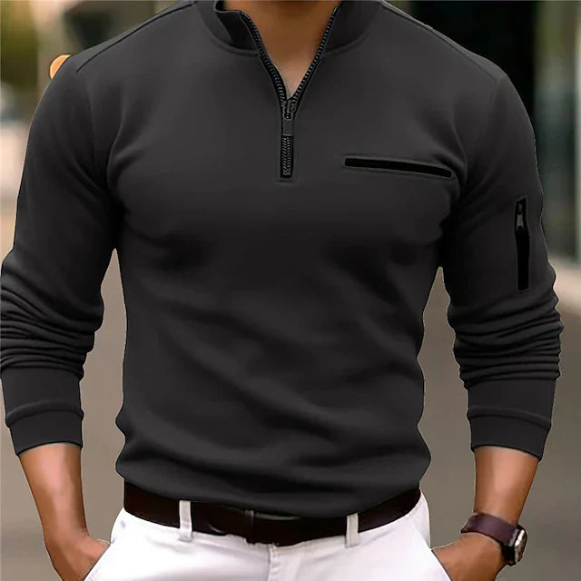 Polo Homme Col Montant 100% Coton Style Élégant Manche Longue-1