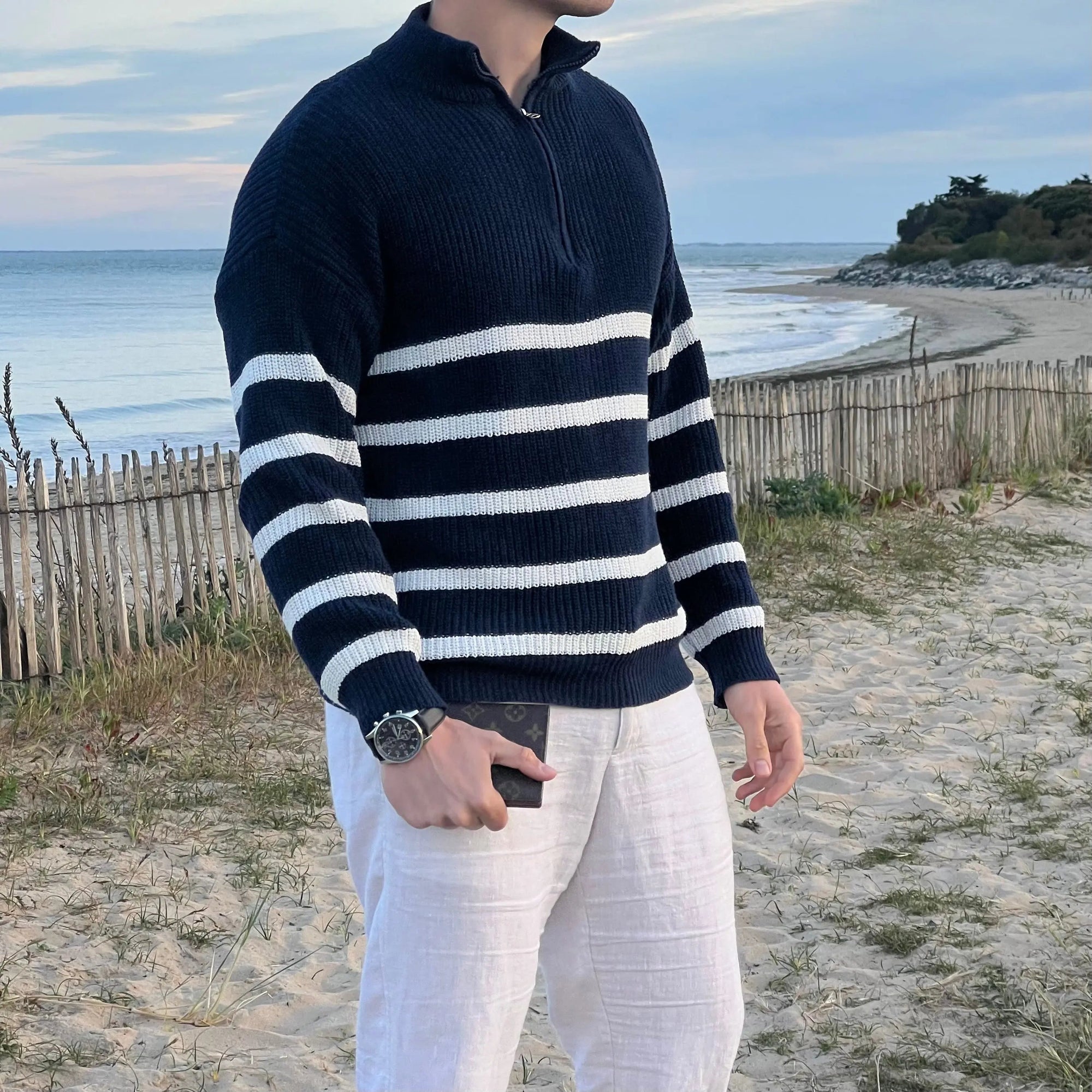 Pull pour Homme Rayé avec Demi-Fermeture Éclair en Mélange de Coton 4
