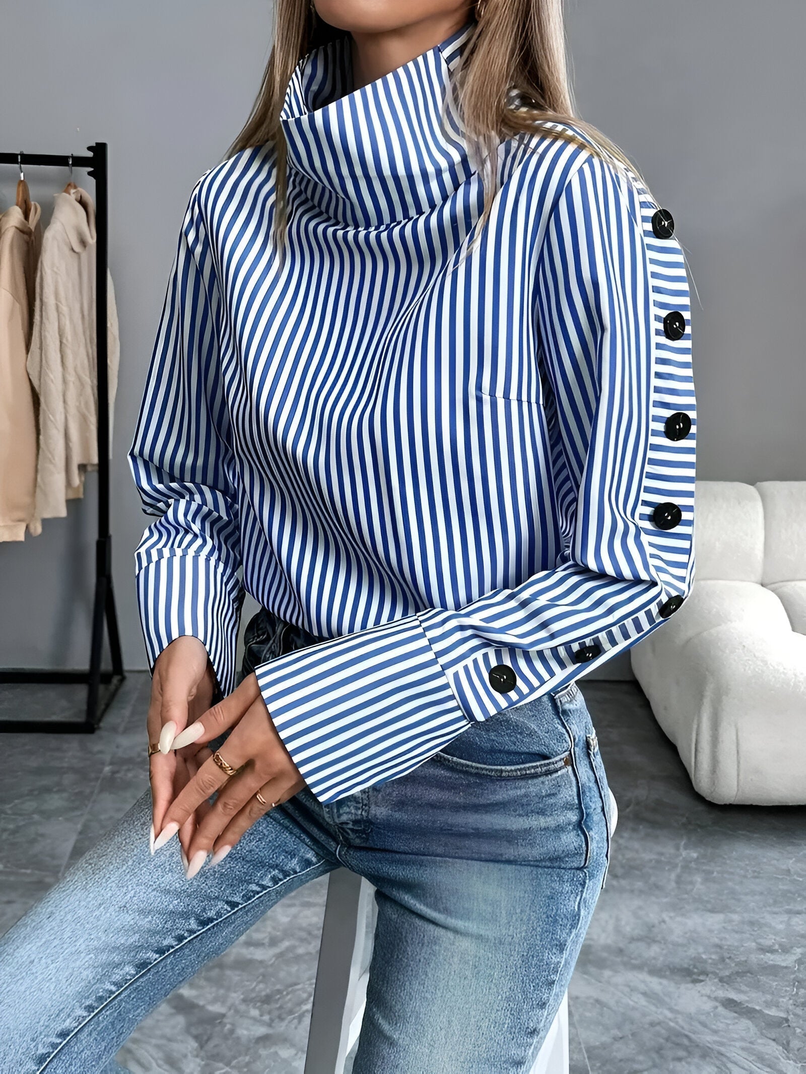 Chemise Femme Chic à Rayures Col Haut 100% Coton-3