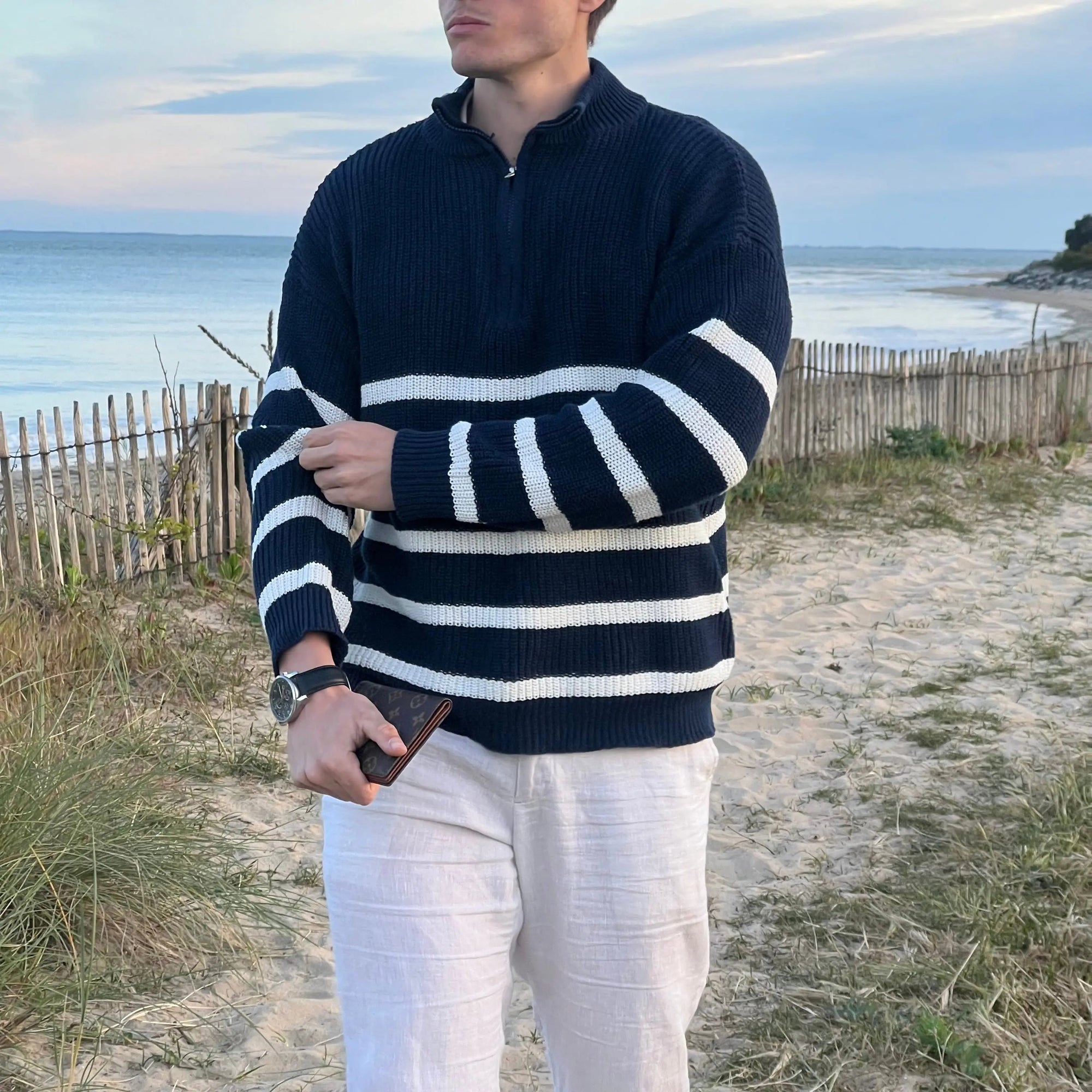 Pull pour Homme Rayé avec Demi-Fermeture Éclair en Mélange de Coton 2