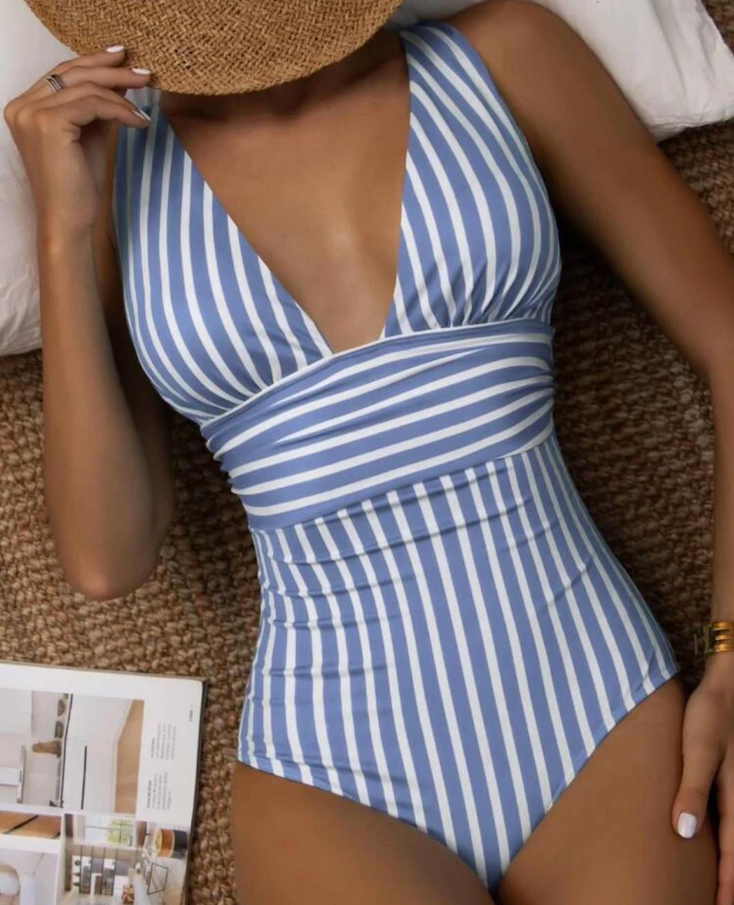 Variant image for Maillot de Bain Femme Rayé Taille Haute Élastique Confortable-29