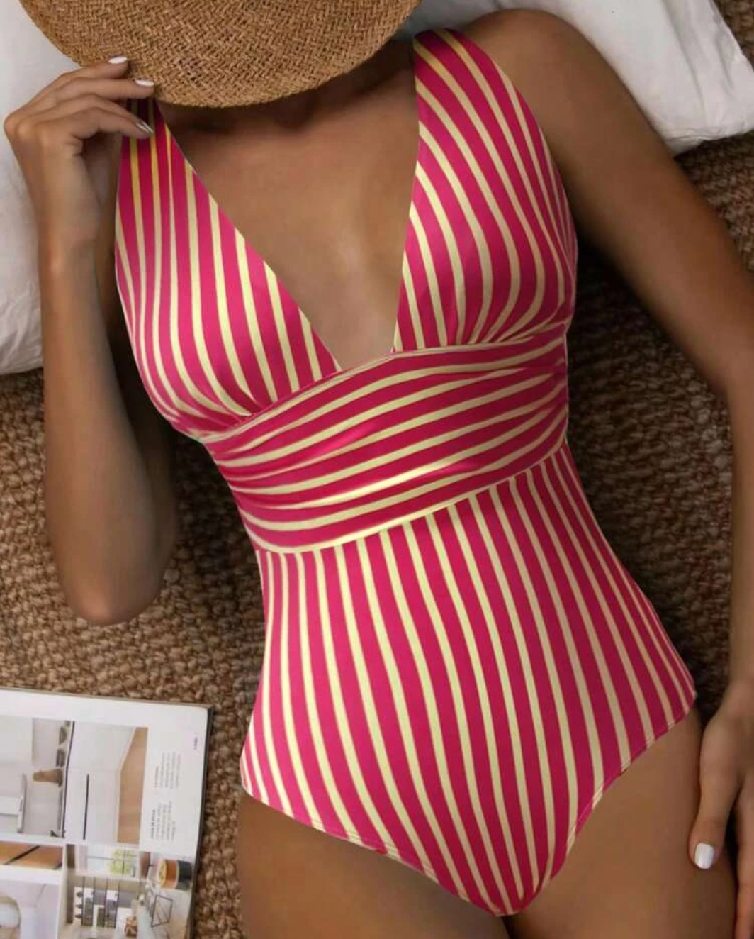 Maillot de Bain Femme Rayé Taille Haute Élastique Confortable-1
