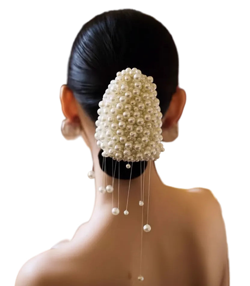Accessoire cheveux femme avec pompon perlé et ligne tissée 0