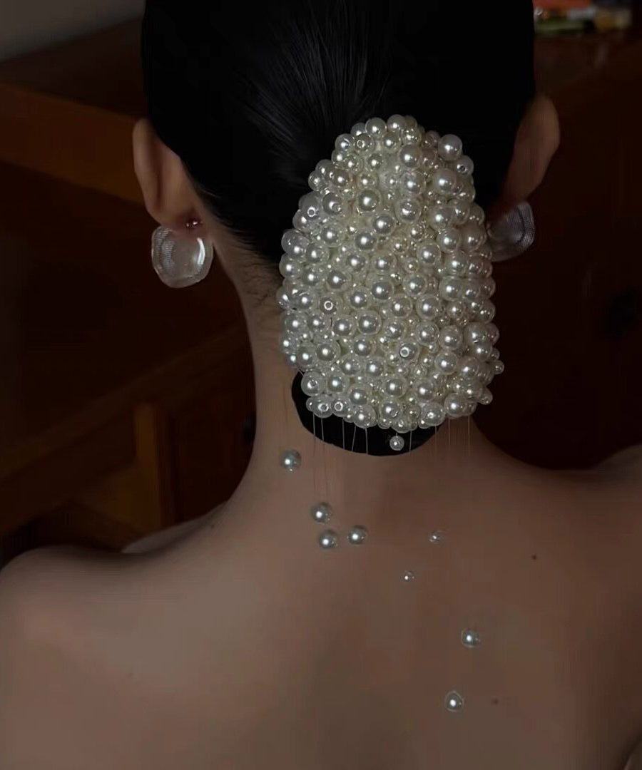 Accessoire cheveux femme avec pompon perlé et ligne tissée 4