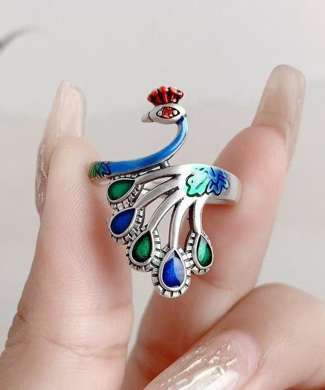 Bague Femme Style Chinois Motif Paon Émail Cloisonné 0