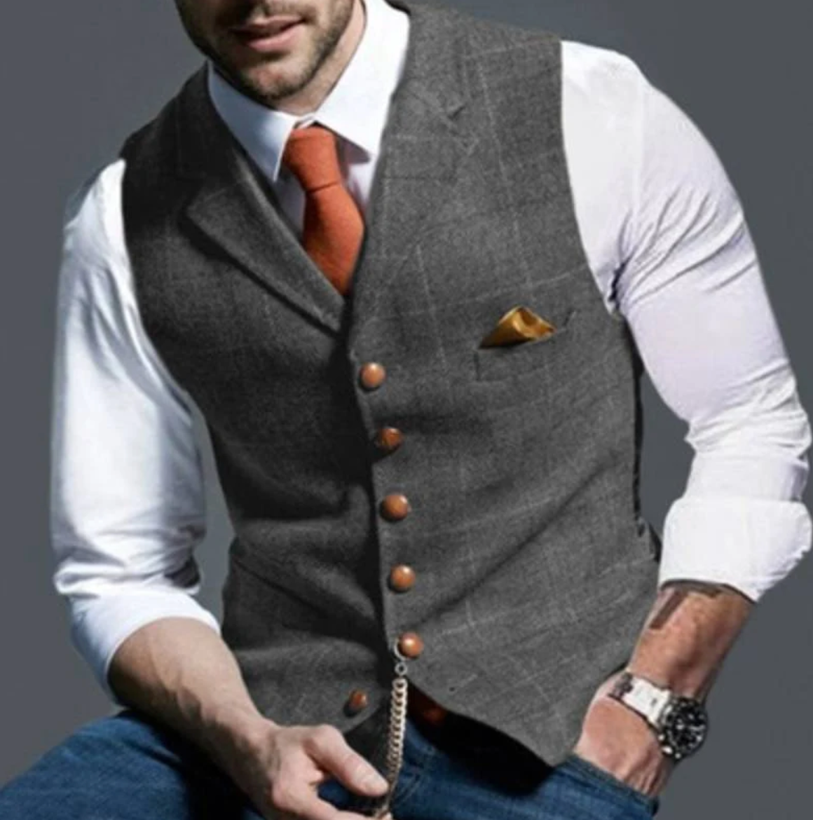 Variant image for Gilet Homme Sans Manche À Carreaux Tissu de Qualité Élégant-4