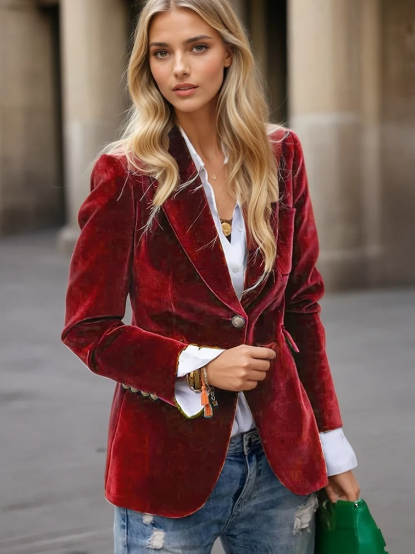 Blazer Femme Élégant Retro à Bouton Unique en Velours 1