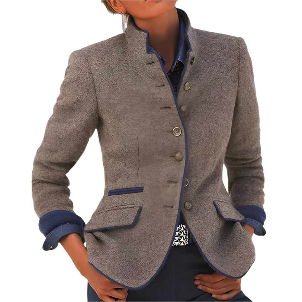 Blazer Femme Vintage Bicolore en Tissu avec Col Montant et Boutons 0