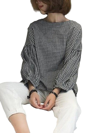 Blouse Femme Asymétrique en Coton à Carreaux Casual 1