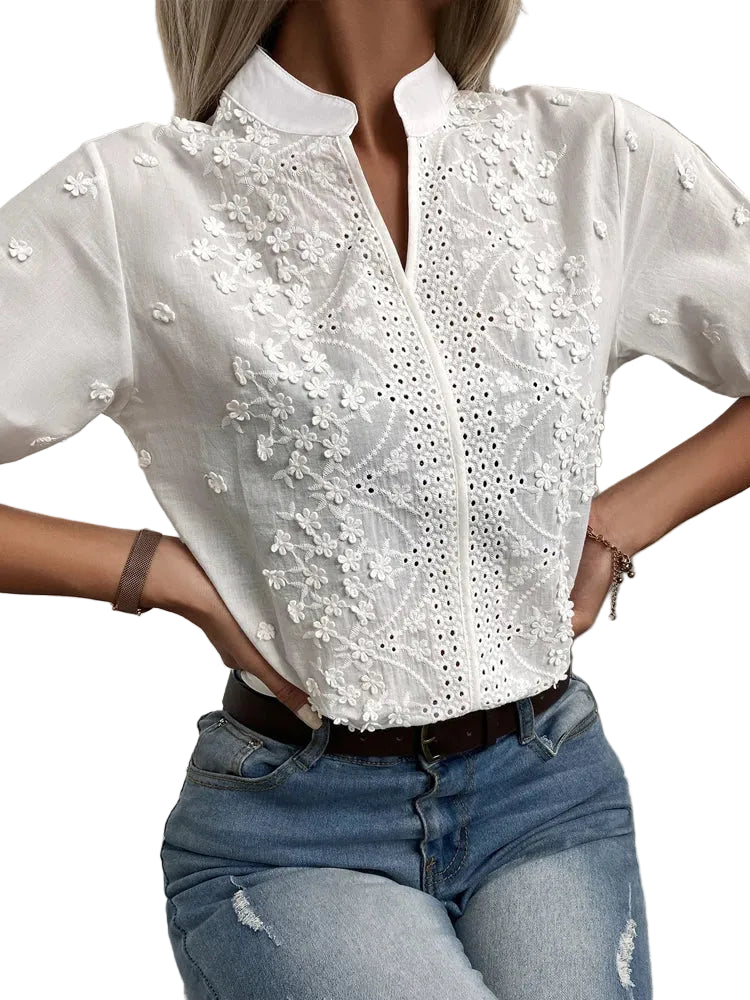 Blouse Femme Chic à Manches Courtes avec Broderie Florale 2