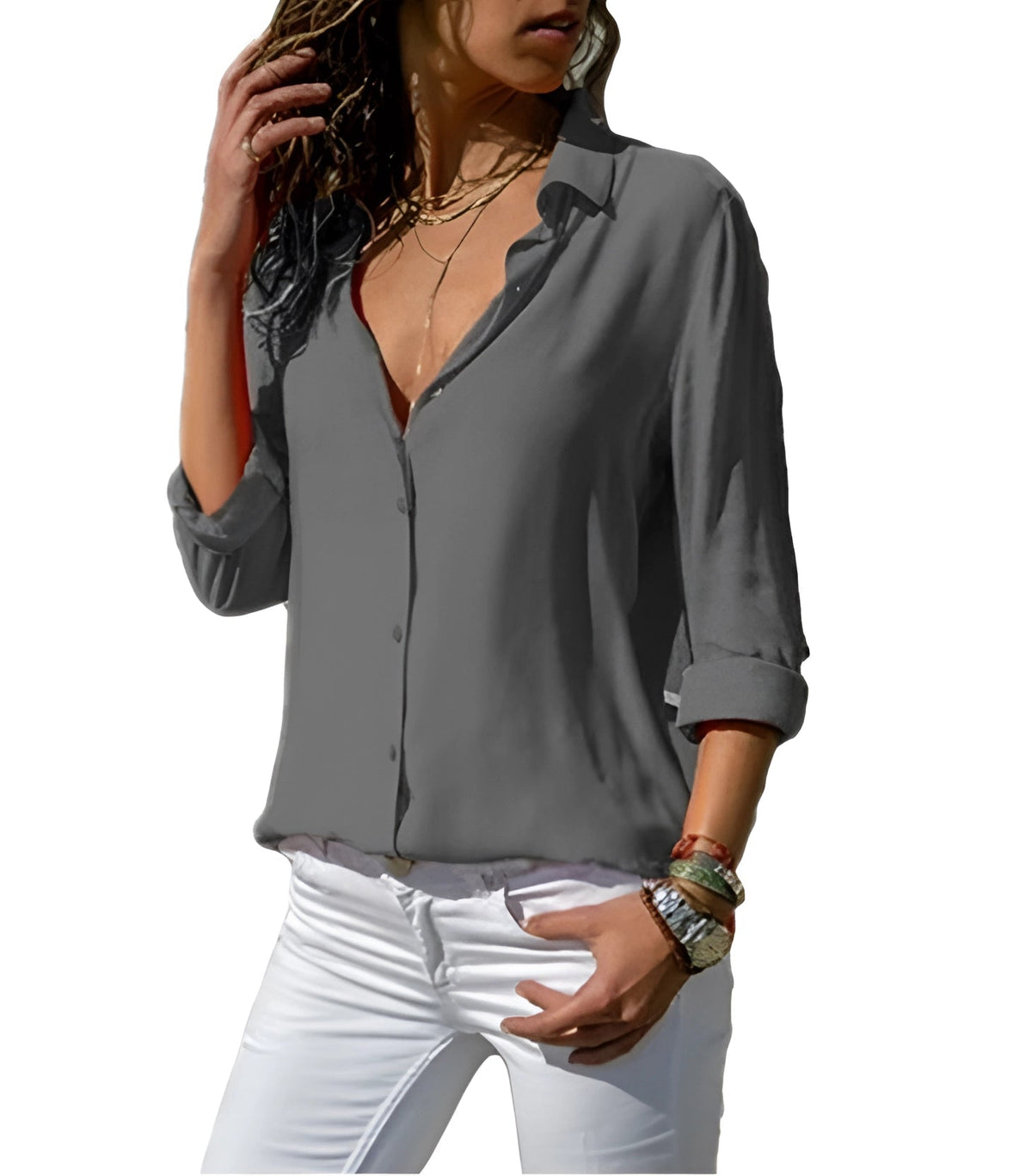 Blouse Femme Col V Décontractée Polyester à Manches Longues 5